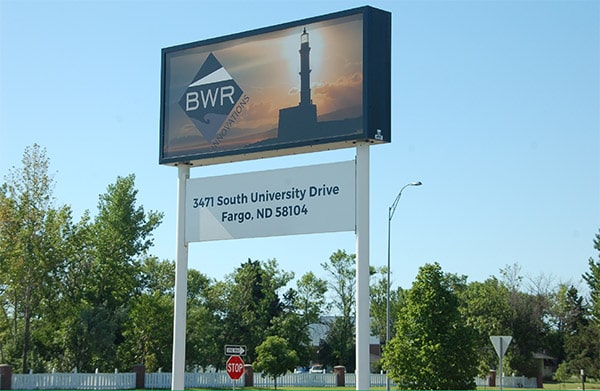 Blue Water Resolute (BWR) Innovations sign outside their Fargo office